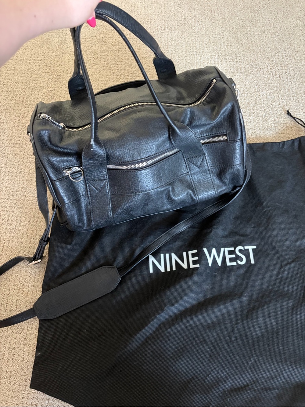 Nine West Leather Barrel Duffel Bag with Shoulder Strap w dust bag